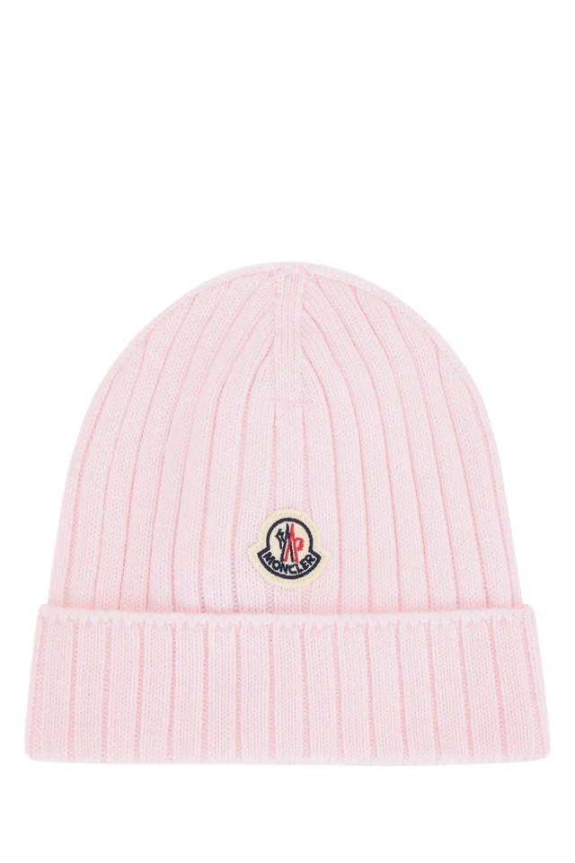 Moncler Hat Ribbed Knit Beanie — Pink Wool Beanies in Pink Wool from HEWI