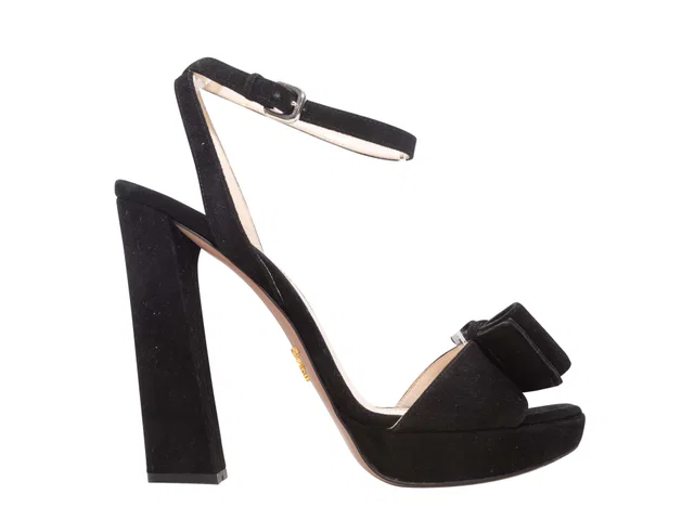 Black Prada Suede Platform Bow Sandals Size 37.5 in Black Suede from Designer Revival, photo 1 of 1