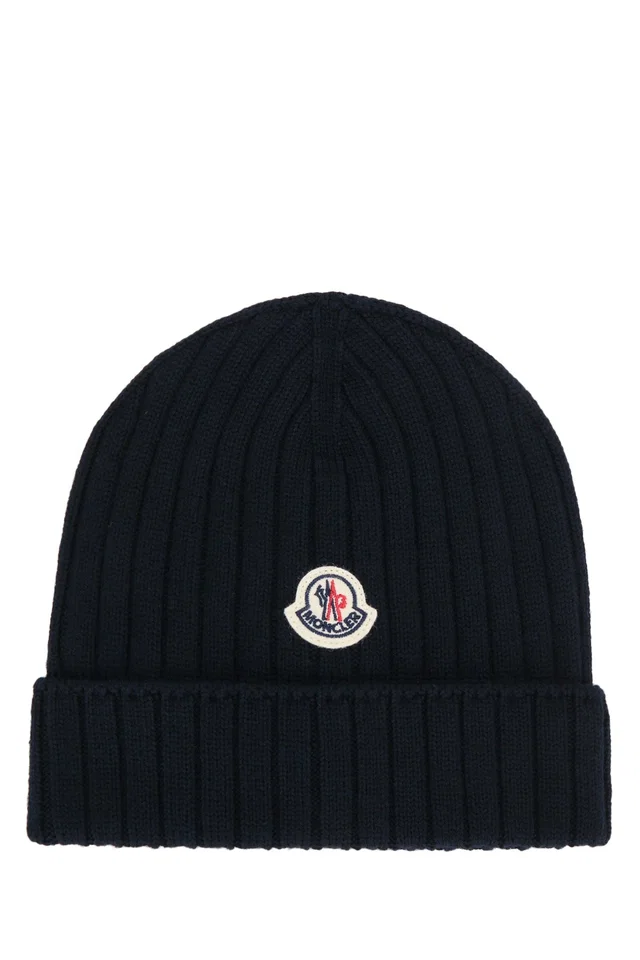 Moncler Hat Ribbed Knit Beanie — Navy Wool Beanies in Navy Wool from HEWI