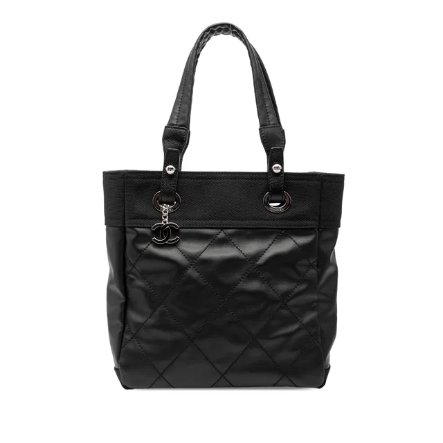 Black Chanel Small Quilted Coated Canvas Paris Biarritz Tote in Black Coated canvas from Designer Revival