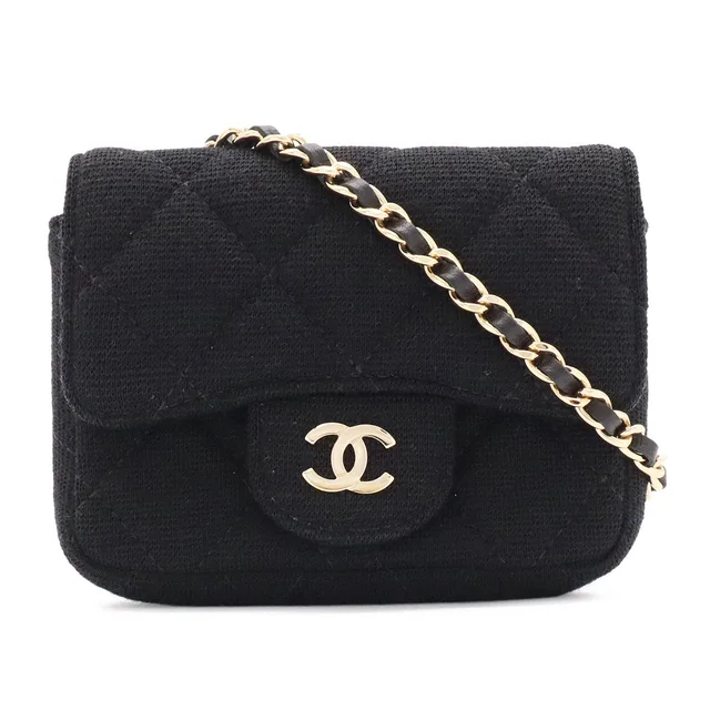 Chanel Mini Quilted Chain Shoulder Bag Pouch Pochette Cotton Jersey Black Gold in Black from The Reluxe
