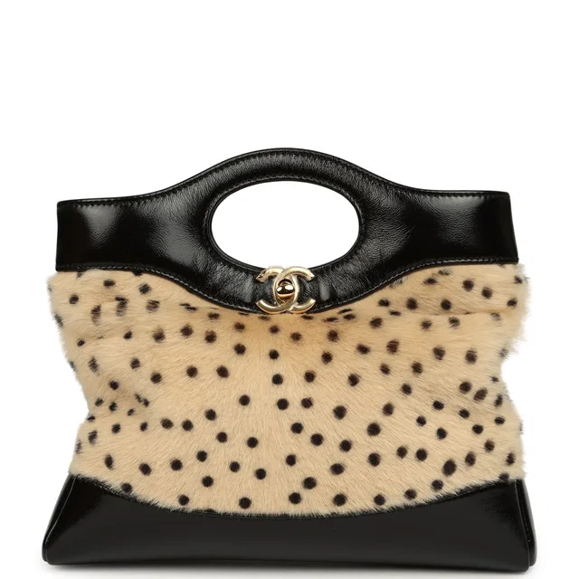 Chanel Mini "Cheetah Print" 31 Shopper Beige Calf Hair, Black Shiny Lambskin Gold Hardware in Black Lambskin from Madison Avenue Couture