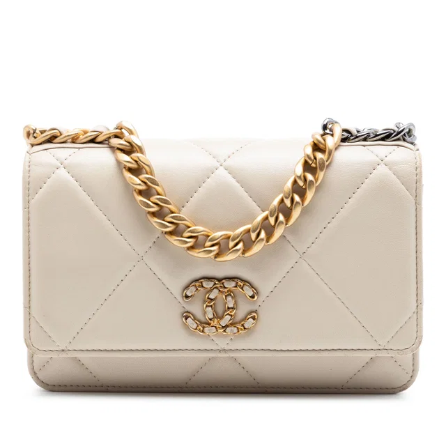 Beige Chanel Quilted Lambskin 19 Wallet on Chain Satchel in Beige Lambskin from Designer Revival