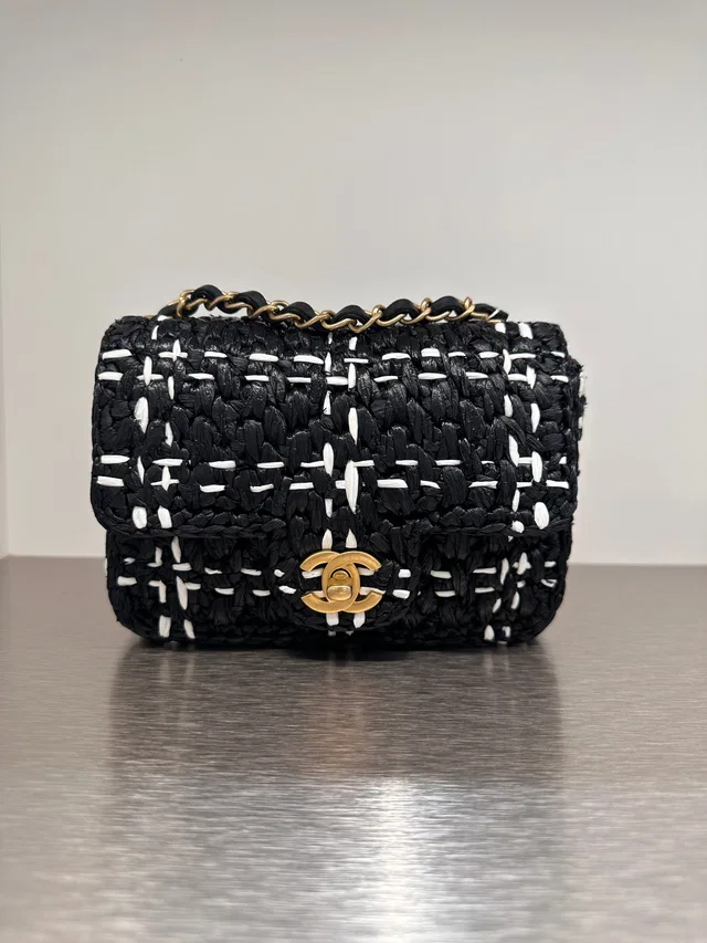 Chanel Mini Square Raffia Black / White Matte GHW (MC) A14P55GE - Preloved in Black Raffia from Luxury Promise