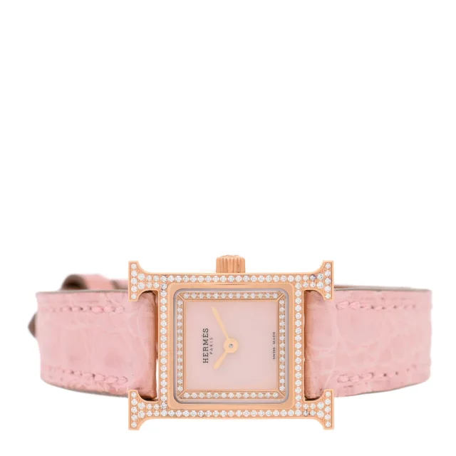 Hermès 18K Rose Gold Alligator Diamond Bezel Rose Opal 17.2mm Heure H Hour Quartz Watch Rose Pale in Pink Crocodile from FASHIONPHILE, photo 2 of 5