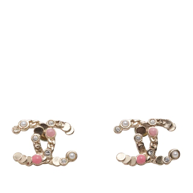 Gold Chanel CC Gold Plated Faux Pearl Strass Bullet Back Earrings in Gold from Designer Revival