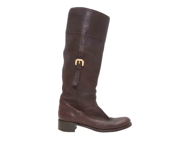 Brown Prada Knee-High Leather Buckle Boots Size 37 in Brown Leather from Designer Revival