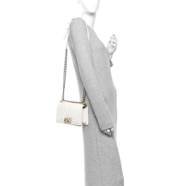 Chanel Caviar Chevron Quilted Small Boy Flap White in White Caviar leather from FASHIONPHILE, photo 2 of 14
