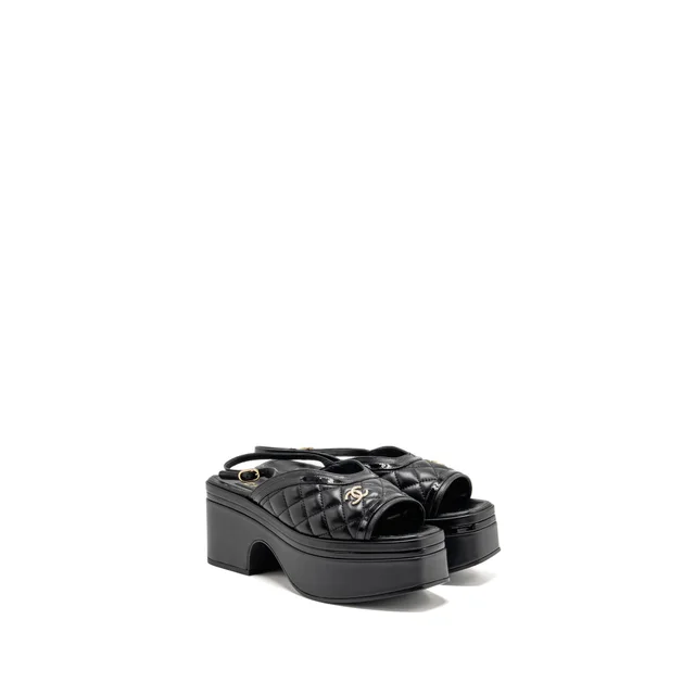 Chanel 23a size 37 Platform Sandals with Matelasse Pearl CC Logo Lambskin/Patent Calfskin Black GHW in Black Lambskin from EMIER