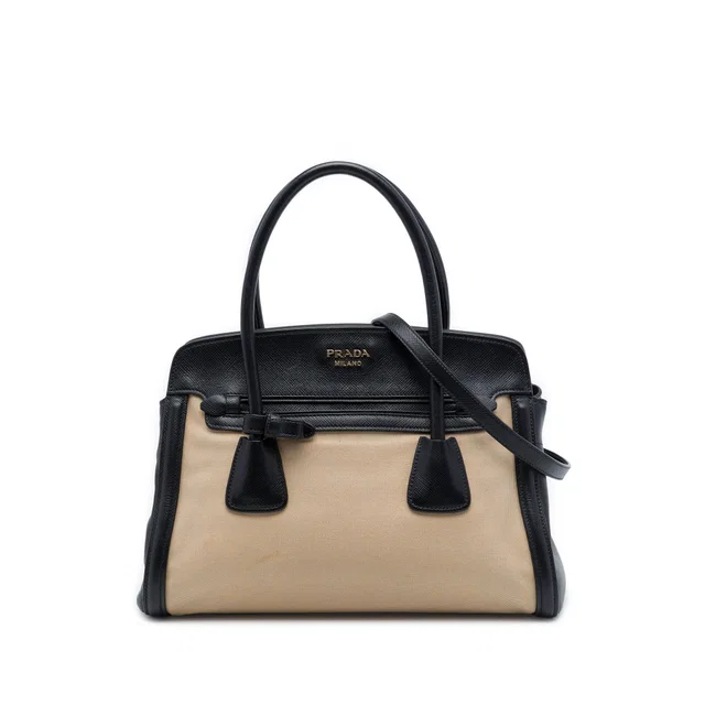Beige Prada Bicolor Saffiano Cuir Trimmed Canvas Satchel in Beige Saffiano leather from Designer Revival