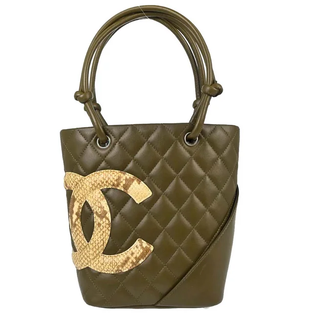 Chanel Khaki Calfskin Python Cambon Ligne Tote Handbag in Green Calfskin from AMORE Vintage Tokyo