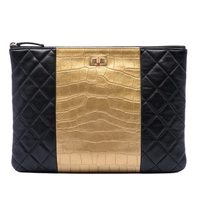 Black Chanel Quilted Lambskin and Crocodile Embossed Metallic Calfskin Reissue 2.55 Clutch in Black Lambskin from Designer Revival, photo 1 of 1