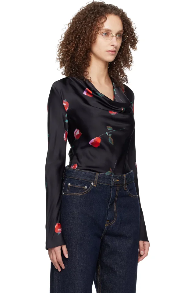 GANNI Black Printed Satin Blouse, photo 2 of 5 from SSENSE