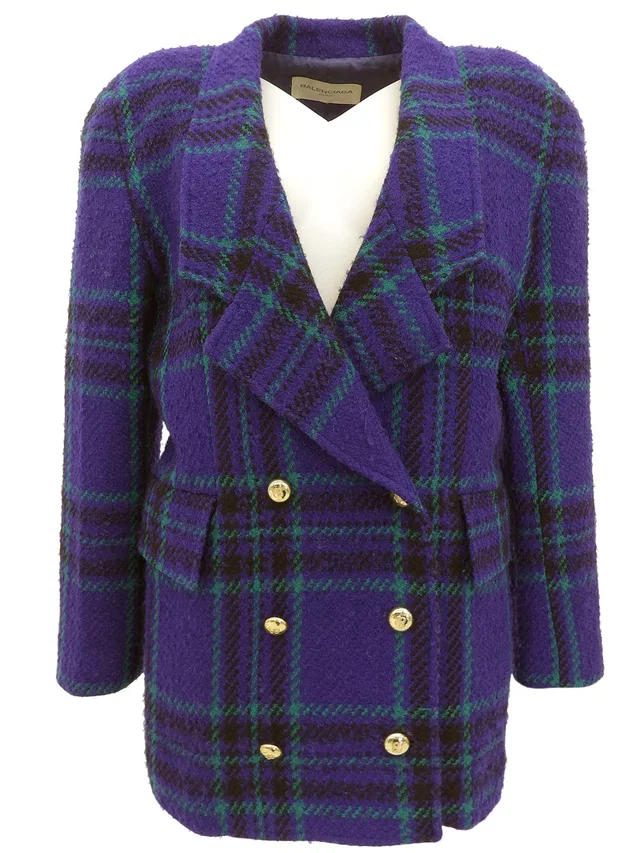 Balenciaga Wool Check Pattern Logo Button Jacket Purple/Black/Green in Black Wool from VINTAGE QOO TOKYO