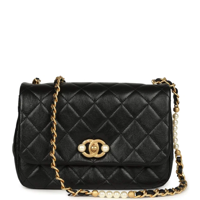 Chanel Small Pearl Flap Bag Black Shiny Calfskin Brushed Gold Hardware in Black Calfskin from Madison Avenue Couture