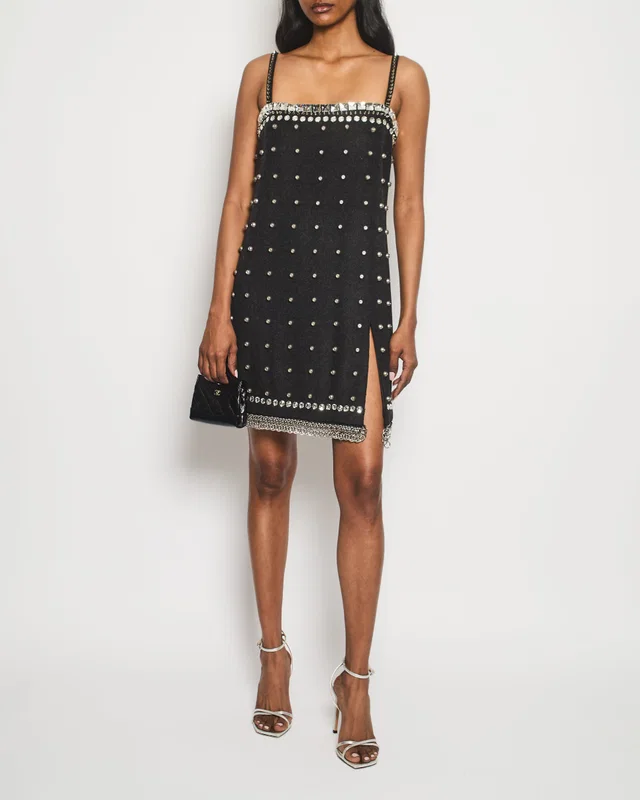 Miu Miu Charcoal Studded Embellished Mini Dress with Chain Mail and Split Detail Size IT 38 (UK 6) in Silk from Sellier