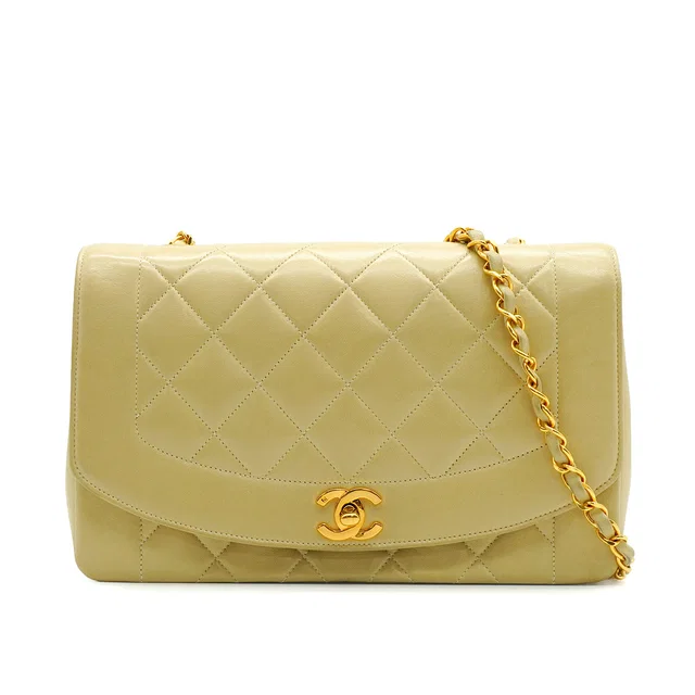 Chanel Vintage Diana Medium Chain Shoulder Bag Beige Lamb Skin Gold Hardware in Beige from Luxury Promise