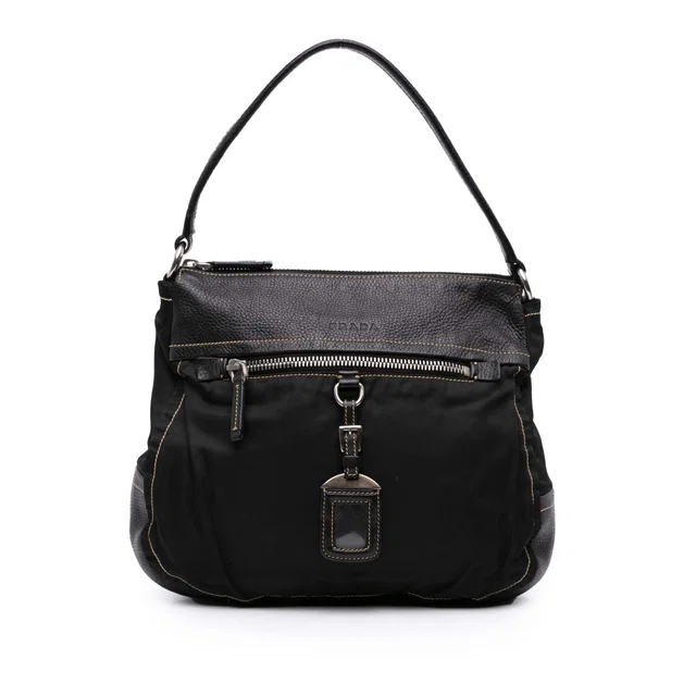 Black Prada Leather and Tessuto Shoulder Bag in Black Leather from Designer Revival