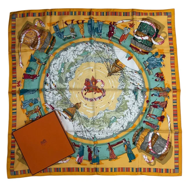 Hermès Carre 90 Scarf 100% Silk Prieres AU Vent Prayer In The Wind Yellow in Yellow Silk from The Reluxe