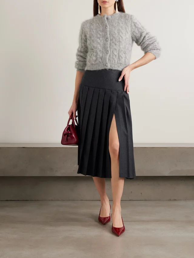 ALESSANDRA RICH Pleated wool-flannel midi skirt in Grey, photo 2 of 2 from NET-A-PORTER (Canada)