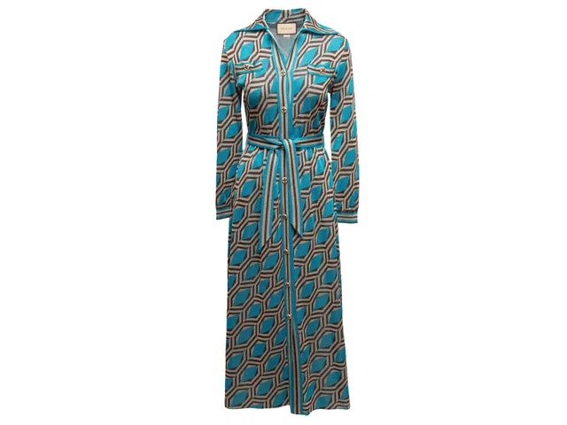 Teal & Multicolor Gucci Metallic Geometric Patterned Knit Maxi Dress Size US S in Blue from Designer Revival