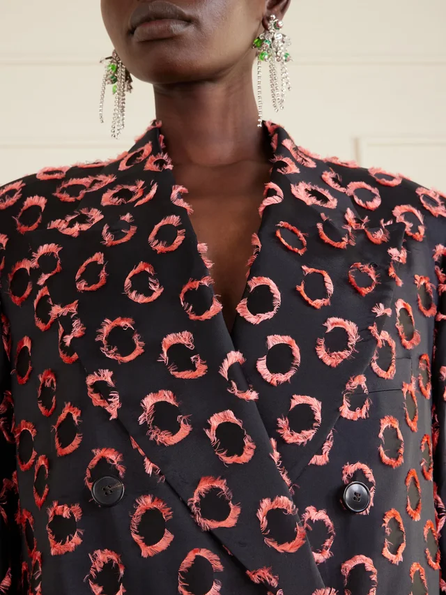 DRIES VAN NOTEN Double-breasted polka-dot fil-coupé silk-blend coat in black 69% Viscose 31% Silk, photo 5 of 5 from NET-A-PORTER (Canada)