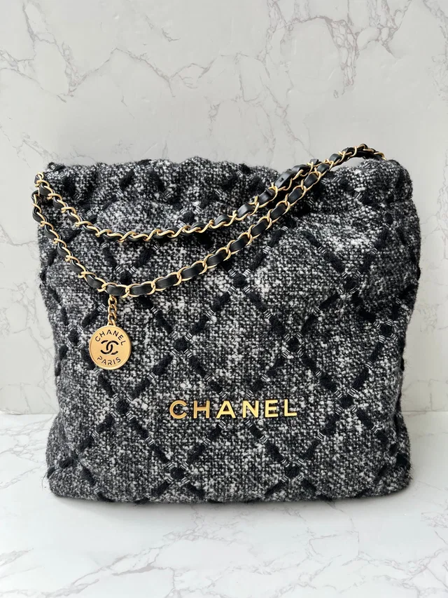Chanel 22 Tweed Tote Medium Black/White GHW 2022 Microchipped with Copy Receipt in Black Tweed from Luxury Promise