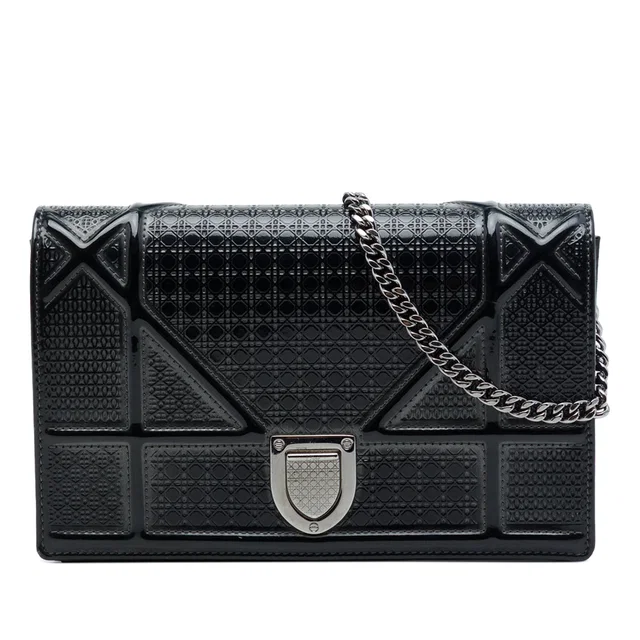Black Dior Metallic Patent Microcannage Diorama Wallet on Chain Crossbody Bag in Black Patent leather from Designer Revival