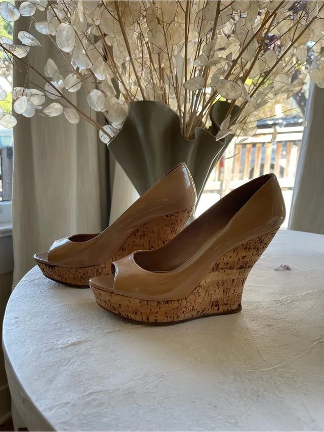 Miu Miu Nude Patent Cork Peep-Toe Wedge Pumps in red|neutral|brown Patent leather from Poshmark