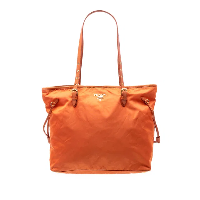 Orange Prada Saffiano Trimmed Tessuto Tote in Orange Saffiano leather from Designer Revival