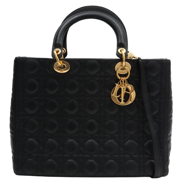 Lady Dior Cannage Stitch 2-Way Bag L Black in Black Leather from VINTAGE QOO TOKYO