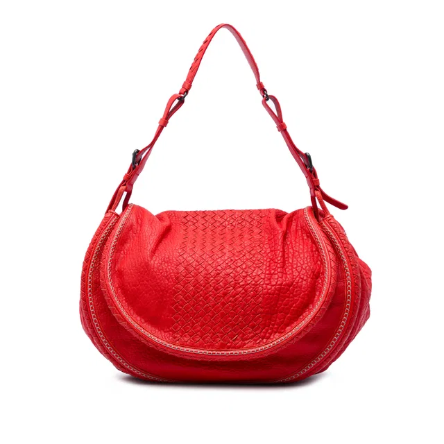 Red Bottega Veneta Intrecciato Trimmed Cervo Flap Bag in Red Woven leather from Designer Revival
