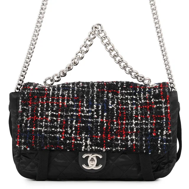 Chanel Single flap Chain Shoulder Bag Black/Red Tweed Nylon in Black Nylon from GALLERY RARE