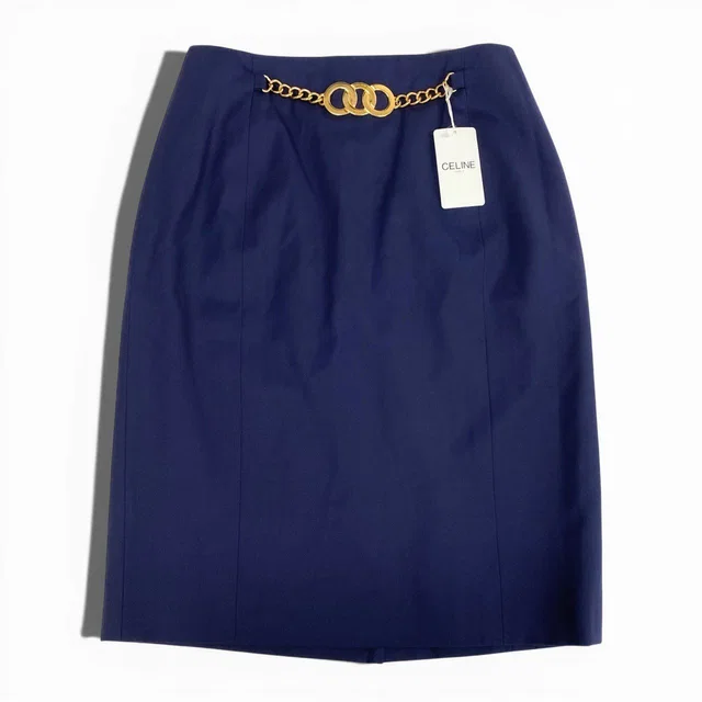 Celine Vintage Gold Ring Chain Skirt Knee Length 40 in Gold Wool from The Reluxe