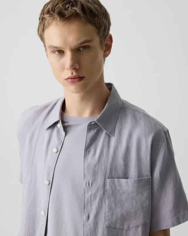 Theory Irving Short-Sleeve Shirt in Relaxed Linen in GRAY LILAC 100% Linen, photo 4 of 14 from Theory