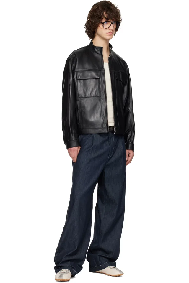 Solid Homme Black High-Neck Two-Pocket Leather Jacket, photo 4 of 4 from SSENSE