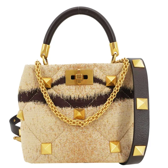 Valentino Garavani Roman Stud Vintage Tiger Print Top Handle Shoulder Bag Sand Gold in Gold Canvas from Dallas Designer Handbags