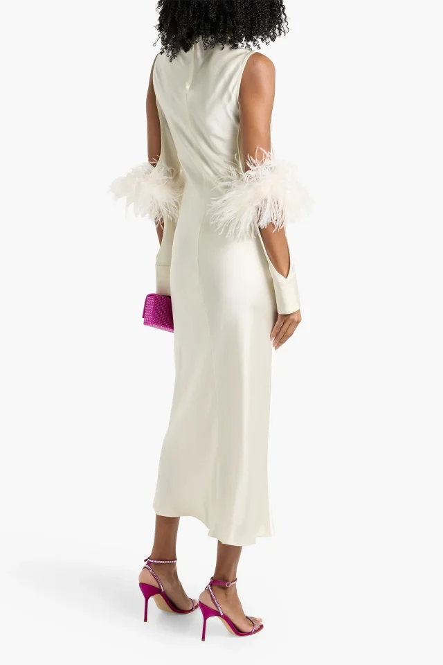 Lapointe Cold-Shoulder Feather-Trimmed Satin-Crepe Midi Dress in Off White, photo 3 of 4 from THE OUTNET