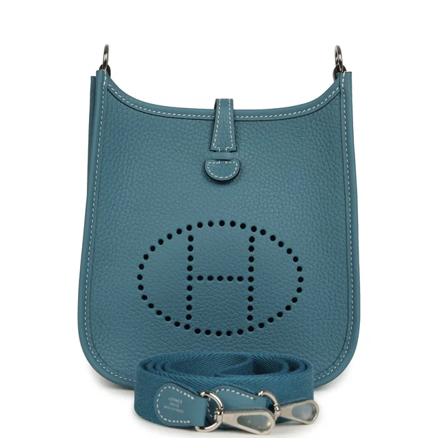 Hermès Evelyne TPM Blue Jean Clemence Palladium Hardware in Blue Clemence leather from Madison Avenue Couture