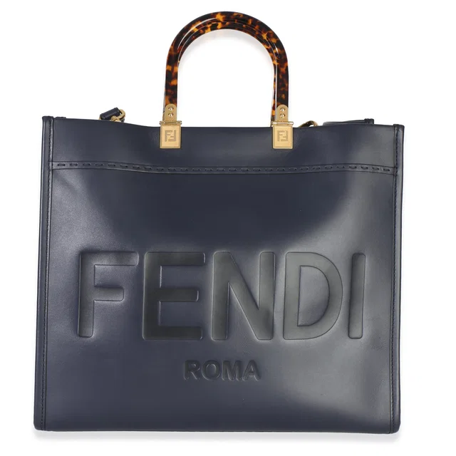 Fendi Navy Vitello King Plexiglass Embossed Medium Sunshine Shopper Tote Blue Leather Handbag in Navy Leather from HEWI