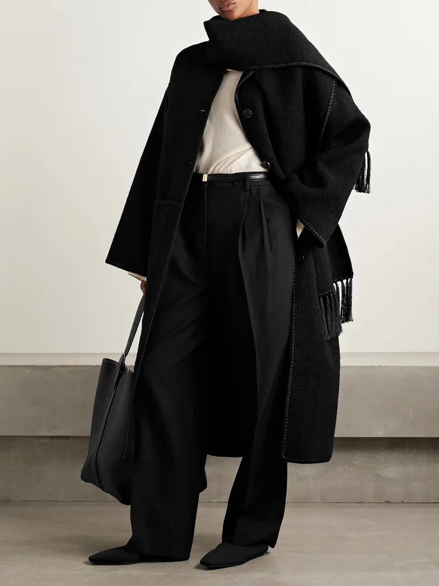 TOTEME Draped fringed wool-blend bouclé coat in black 68% Wool 20% Recycled wool 12% Recycled polyester, photo 2 of 5 from NET-A-PORTER (Canada)