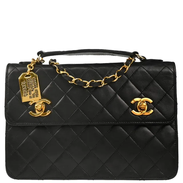 Chanel 1989-1991 Black Lambskin Double Turnlock Shoulder Bag in Black Lambskin from AMORE Vintage Tokyo