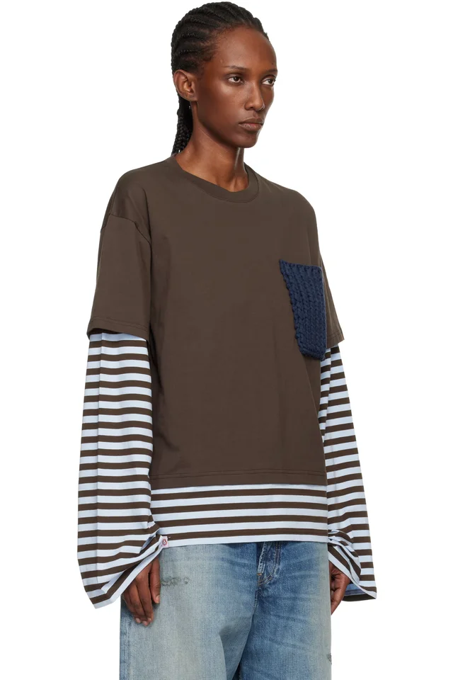 Charles Jeffrey LOVERBOY Brown & Blue Long Sleeve Knit Patch 2-In-1 T-shirt, photo 2 of 4 from SSENSE