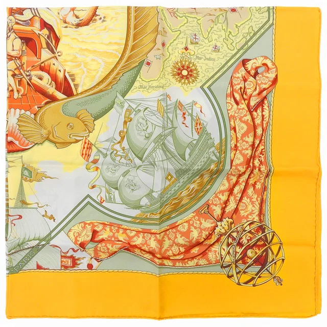 Hermès Carré 90 Au-dela des cinq Mers Scarf Orange/Multicolor in Orange Silk from VINTAGE QOO TOKYO