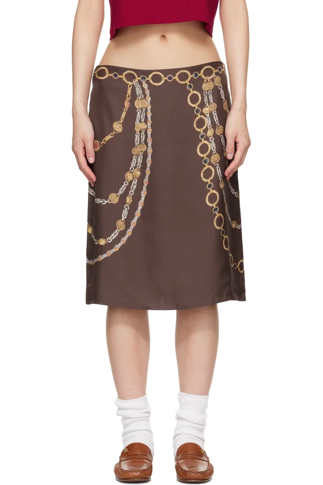 Versace Brown Printed Silk Twill Pencil Midi Skirt from SSENSE, photo 1 of 1