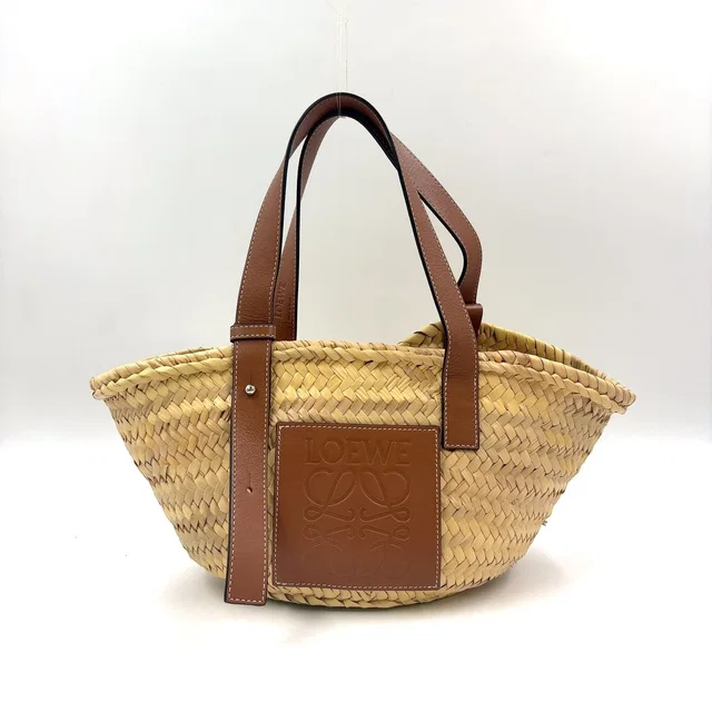 Loewe Anagram Bucket Handbag Leather Raffia Brown Beige Tote Silver in Brown Raffia from The Reluxe