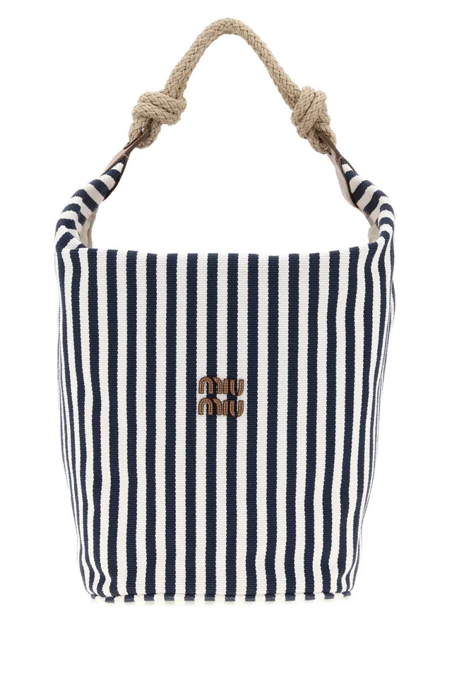 Miu Miu Striped Canvas Bucket Bag — Navy in Navy Canvas from HEWI
