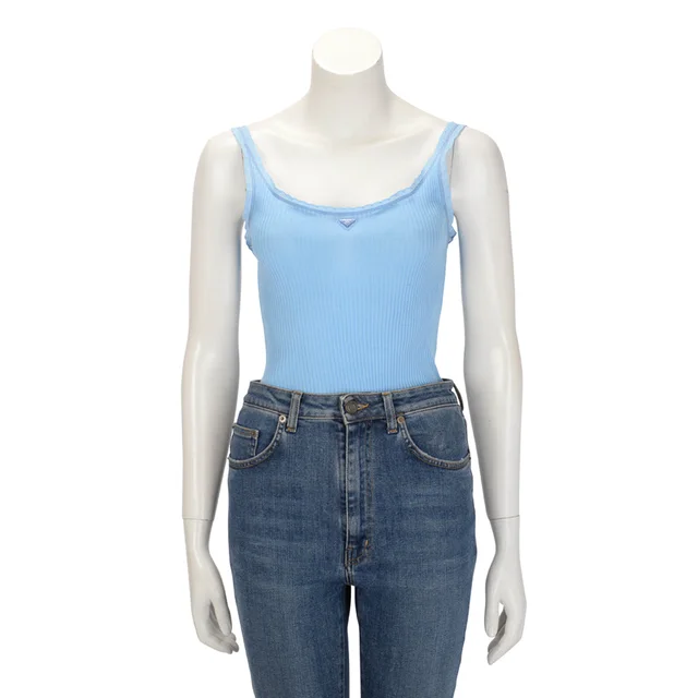 Prada Ribbed Knit Lace Trim Logo Singlet IT 44 in Blue from Blue Spinach