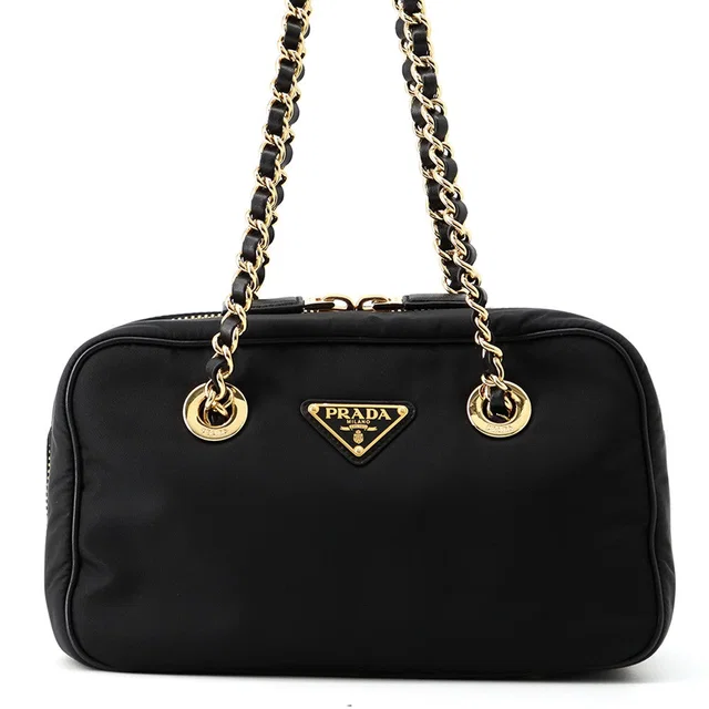 Prada Logo Chain Tote Bag Black1BB121 Nylon in Nylon from GALLERY RARE