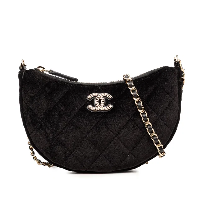 Black Chanel CC Quilted Velour Half Moon Chain Crossbody in Black Woven leather from Designer Revival